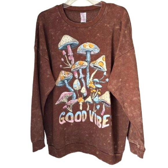 Retro 70's Y2K GOOD VIBES Brown Grunge Mushrooms Sweatshirt Ladies Size XL 15-17 - Picture 1 of 5